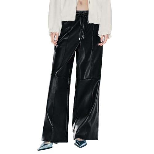 Faux Leather Pants for Women Fashion High Drawstring Waist Trousers Wide Leg Trousers with Pockets