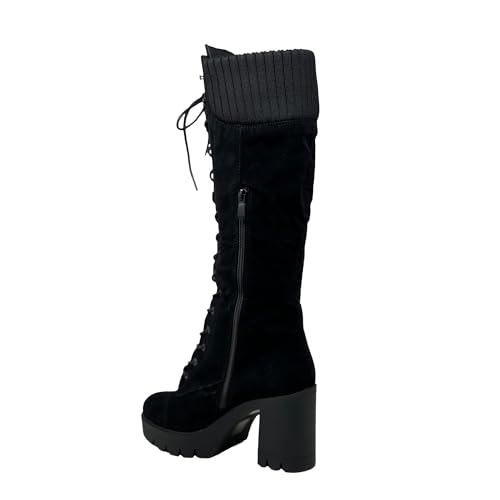 Generation Y Women's Knee High Combat Boots Lace Up Chunky Heel Knitted Cuff Zipper Closure3