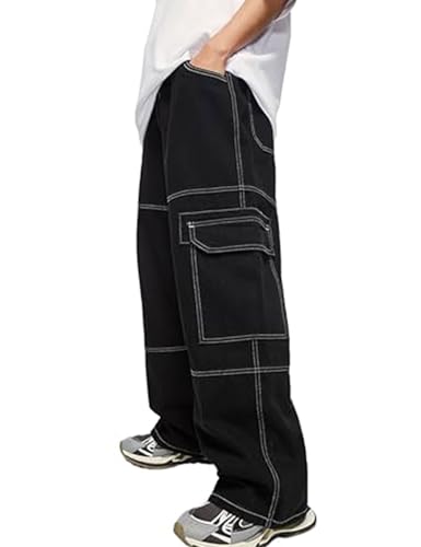 FantasyGears Men's Black Y2K Cargo Jeans Hip Hop Skater Pants Wide Leg Jnco Jeans Skateboard Denim Pants S/M/L/XL