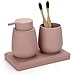 AJEUNGAIN Set Bagno Rosa - Dispenser Sapone, Portaspazzolino, Vassoio da Vanity, Moderno Accessori Bagno con Rivestimento in Gomma, Organizzatore da Banco Decorativo (Rosa) immagine