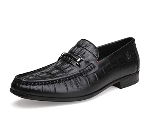 Premium Leather Dress Shoes for Mens, Black Fashion Crocodile Printed Business Slip-on Loafer Shoes for Men