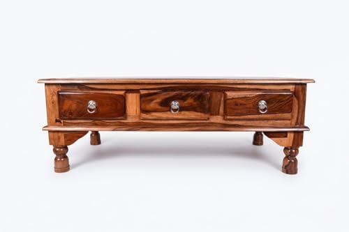 Image of Solid Sheesham Wood Coffee Table with 3 Drawer | Wooden Center Table with Storage Drawer | Living Room Tea Table | Solid Wood Centre Table for Home | Honey Finish