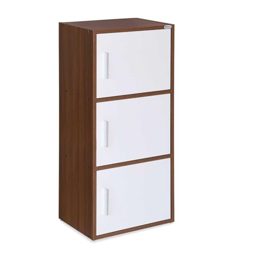 Image of Nilkamal Sear 3 Tier Wooden Storage Cabinet | Free Standing Book Shelf with 3 Doors & 3 Spacious Shelves | Engineered Wood | Organizer for Home & Office | Classic Walnut & White | DIY(Do It Yourself)