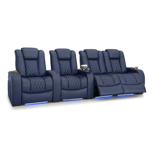 Image of Seatcraft Diamante Navy Blue Italian Leather Home Theater Seating, Zero Gravity Power Recliner, Gaming and Home Office Chair, Powered Headrest Furniture for Cinema Room, Row of 4 Right Loveseats