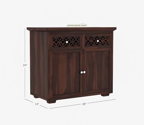 Image of SHIKHA WOOD CRAFT Solid Sheesham Wood Sideboard Cabinet with 2 Drawers and 2 Doors Storage | Wooden Multipurpose Cabinet Storage Furniture for Living Room, Bedroom, Home, and Kitchen (Walnut Finish)