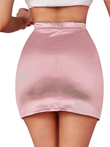 LYANER Women's Satin Silky Elastic Wasit Split Slit Hem Bodycon Short Skirt2