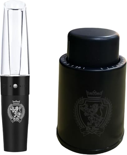 Vertedor Decantador de Vino + Tapón al Vacío Reutilizable con Indicador de Fecha para Conservar el Vino Fresco - Idea de Regalo para Amantes del Vino