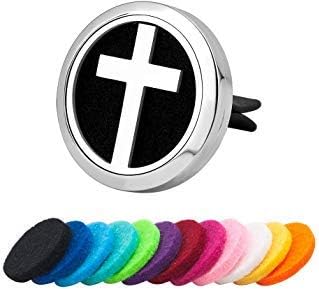 Third Time Charm Cross Aromatherapy Essential Oil Diffuser For Car Vent Clip Air Freshener Cross Stainless Steel Locket, 12 Refill Pads