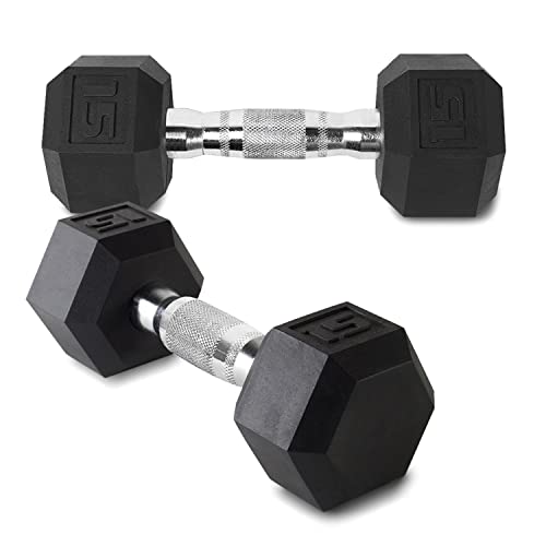 ATcuji 15LB Set of 2 Hex Dumbbells Rubber Coated Cast Iron Hex Black Dumbbell Free Weights for Exercises Neoprene Dumbbell Hand Weights Anti-Slip Anti-roll Hex Shape Colorful 15Lbs Pair