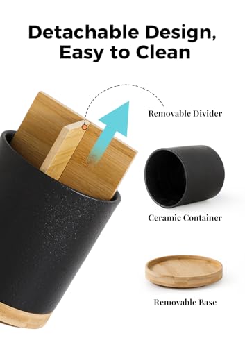 Image of LoeJan 3 Compartment Utensil Holder, Extra Large Utensil Crock, Stable Ceramic Utensil Organizer, Cooking Tool Organizer Set for Kitchen Counter Farmhouse Decor,Textured Black