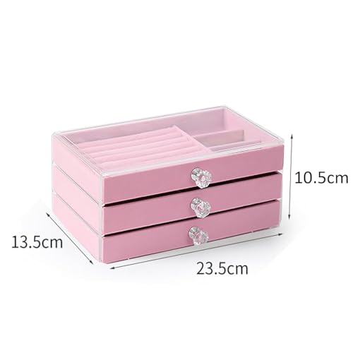 Image of Vlando 3 layer jewelry storage box 3 Drawers Transparent Clear Ring Necklace Piercing Earrings Bracelet Watch Jewellery Organiser Jewellery Box Acrylic Container for Ring Necklace Home (Pink)