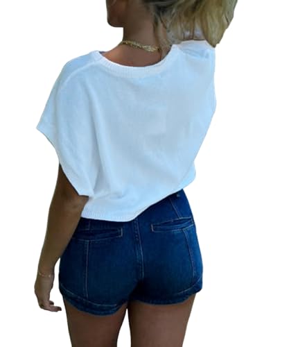 Image of Womens American Flag Sweater Cap Sleeve Summer Crop Tops Crew Neck Loose Fit Knit Sweater Pullover Top