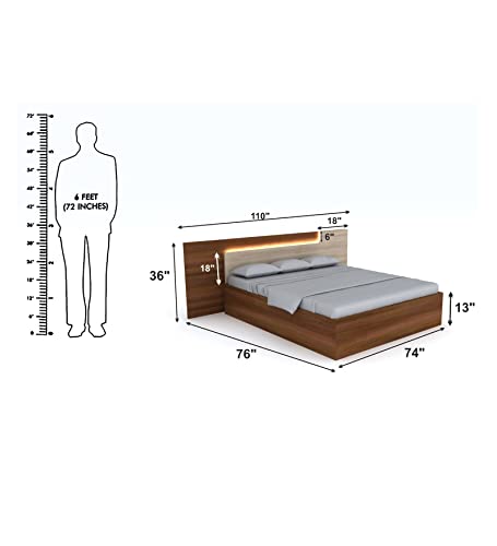 Image of King Size Engineered Wood Platform Bed with LED Fitted Headboard and Storage (Brown /Walnut) (Without Side Table)