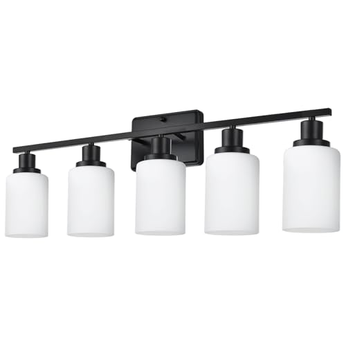 Image of LOUSACE 5 Light Matte Black Vanity Light Bathroom Lighting Fixtures Over Mirror with Opal White Frosted Glass Shade, Vanity Light Fixtures for Bathroom Bedroom Living Room
