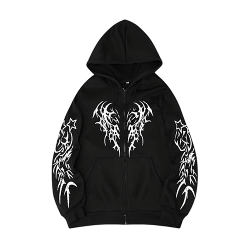 Generisch Sweat à capuche zippé pour homme de style Y2K avec imprimé ailes gothiques - Veste à capuche avec motif tribal sur la poitrine et les manches -...