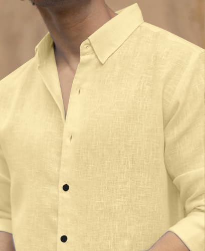Image of NexaFlair Men's Shirt Regular Fit Solid Pattern Linen Cotton with Long Sleeve Collared Neck Standard Length and Button Down Closure Type | Mens Casual Shirts | Man's Formal Shirts
