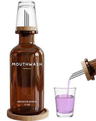 Amber Glass Mouthwash Dispenser for Bathroom by Brighter Barns - Refillable Mouthwash Container and Glass Cup - Modern Mouth Wash Dispensers for Bathroom - Boho Decor for Office Airbnb Hotel (Amber)