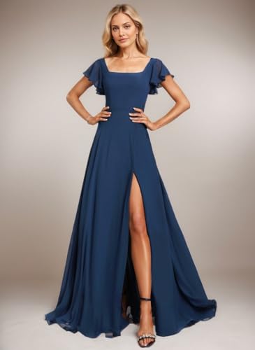 Women's Short Sleeve Bridesmaid Dresses A Line Chiffon Square Neck Long Formal Dresses with Slit IMC0273