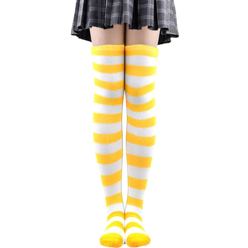 Anevous 1 par de calcetines altos para mujer a rayas por encima de la rodilla, calcetines largos a rayas, calcetines altos para calcetines, leggings deportivos, cosplay, amarillo + blanco