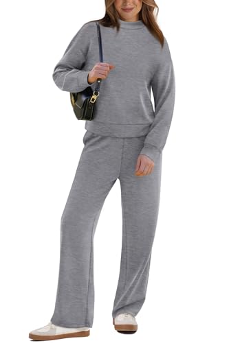 Image of WIHOLL Two Piece Sets for Women Fall Outfits Lounge Sets Mock Neck Tops Wide Leg Pants Vacation Travel Airport Outfits