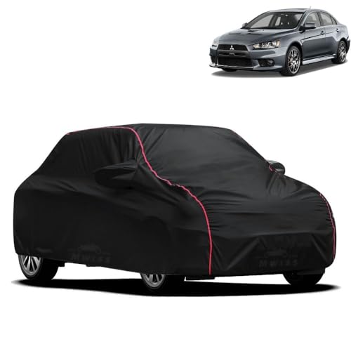 Image of Waterproof Car Cover for Mitsubishi Cedia | All-Weather Protection, Dustproof & UV Resistant | Triple Stitched Mirror Pockets, Windproof Buckle Strap with Elastic Hem, Black-Red Piping