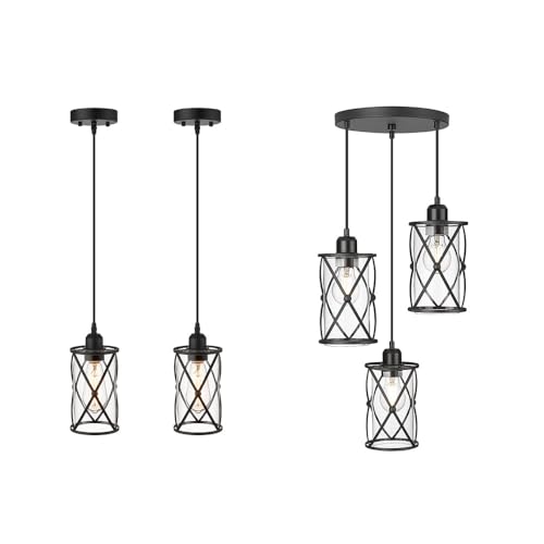 Industrial Pendant Light, Mini Glass Pendant Light for Kitchen, Cage Pendant Lighting in Black Finish with Clear Glass, Adjustable Length, CH9176-1-2PK CH9176BK3
