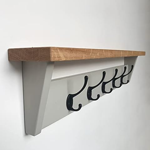 Painted Coat Rack with Oak Shelf - Wall Mounted Coat Rack for Hallway, Utility Room, Bedroom or Bathroom- Purbeck Stone -3 Hooks (50cm) Cover