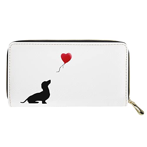Dolyues niedlicher Dackel mit rotem Ballon-Aufdruck Kreditkartenetuis für Frauen, Lange Pu-Leder-Reißverschluss, Geld-Clutch-Taschen, Handyhülle, Geldbörse