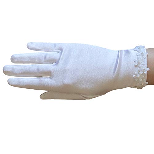 Girl's Satin Gloves with flowers across the wrist with pearl centres