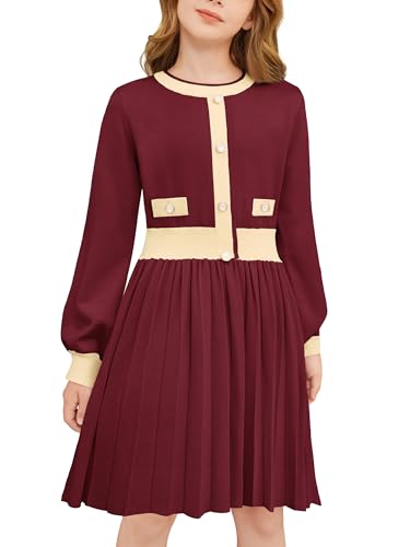 Girls Sweater Dress with Pockets, Crewneck Lantern Sleeve A-Line Striped Knit Warm Fall Winter Dress 5-14Y