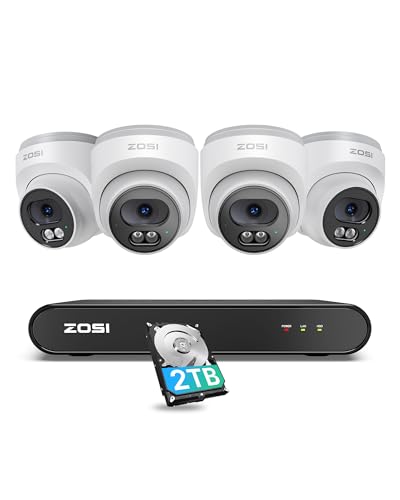 ZOSI 3K Kit Cámaras de Vigilancia PoE Exterior, 5MP Grabador NVR con 4pcs 4MP Cámara de Seguridad, Detección de Persona, Visión Nocturna, Grabación de Audio, 2TB HDD Incluido