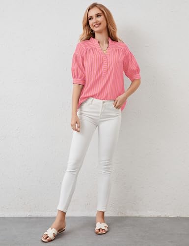 Womens Short Puff Sleeve Striped Blouses Top V Neck Loose Fit Casual Summer Work Blouses Striped Shirt4
