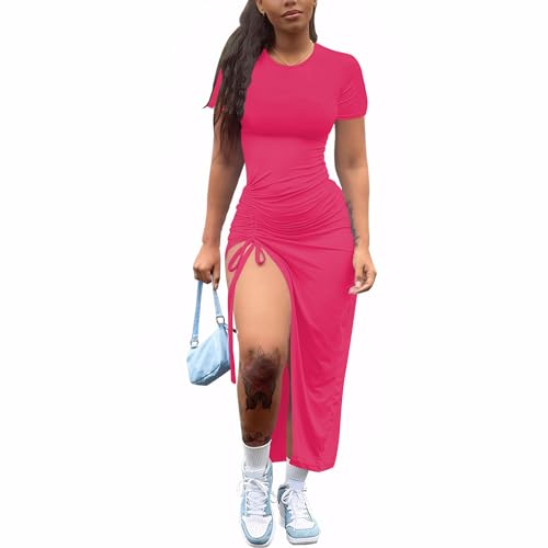 Image of Nimsruc Women Sexy Summer Dresses Short Sleeve Thigh-high Slit Ruched Bodycon Maxi Club Cocktail Party Dress Rose Red XL