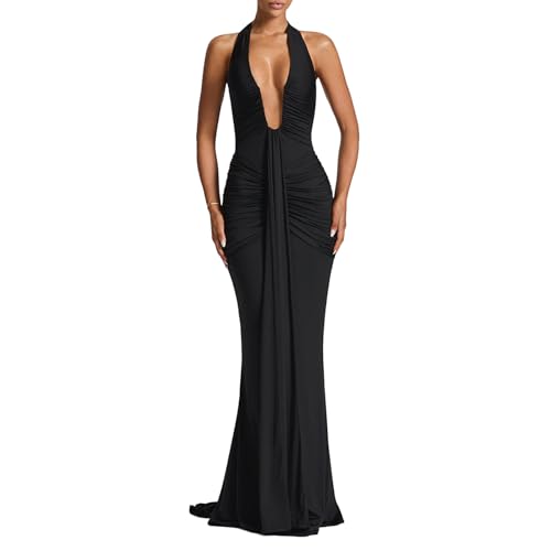 Women Deep V Neck Ruched Maxi Dress Sleeveless Halter Gown Cocktail Evening Formal Dresses