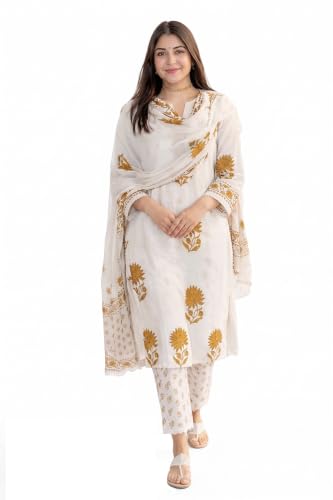 Image of Nermosa Women's Hand Block Floral Printed Straight Kurta Set with Palazzo Pants & Dupatta Ethnic Kurta Set for Casual Outings Day Events Summer Wear Festive