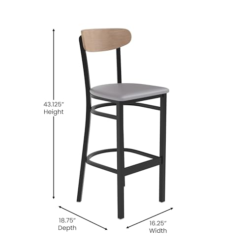 Image of Flash Furniture Wright Commercial Barstool - Natural Birch Finish Wood Boomerang Back - Gray Vinyl Seat - 500 LB. Capacity Black Steel Frame - Integrated Footrest