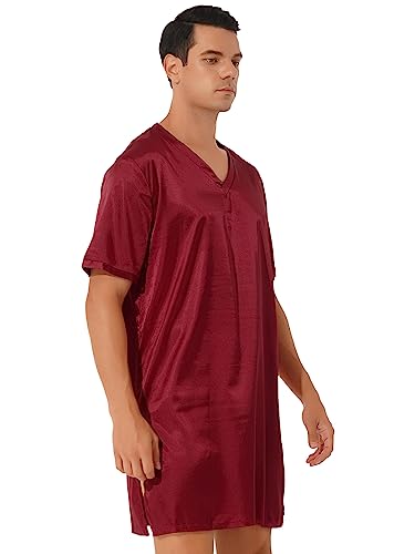 ACSUSS Men's Silk Sleepwear Satin Nightshirt Short Sleeve V Neck Nightgown Night Shirts Loose Lounge Sleep Shirt2