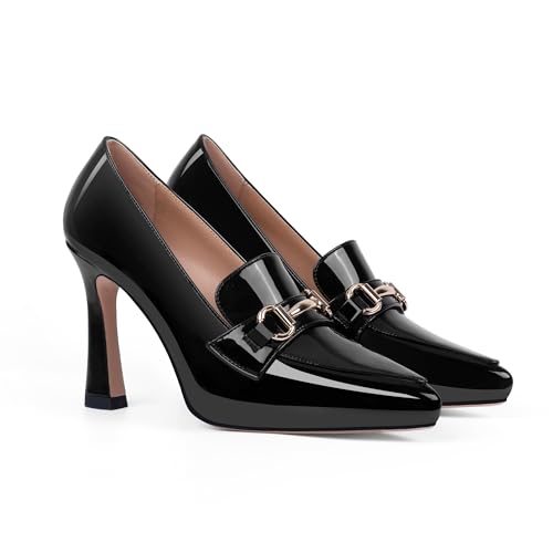 Women's Pointed Toe High Heel Pumps Comfortable Slip On Patent Leather Platform Loafers Metal Decoration Office Dressy Casual Shoes3