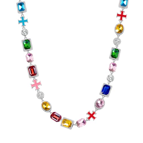 HELLOICE 10mm Multicolored Cross Necklace Enamel Chain for Women Men 5A Grade Cubic Zirconia Summer Statement Bling Necklace Gemstone Jewelry