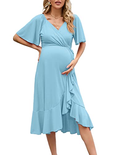 KOJOOIN Damen Umstandskleid Kurzarm Zwei V-Ausschnitt Umstandsmode Lange...