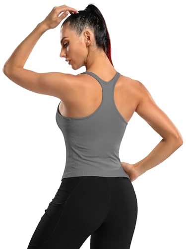 Image of ATTRACO Ribflex Ribbed Workout Crop Tops with Built in Bra for Women Yoga Racerback Tank Top Slim Fit