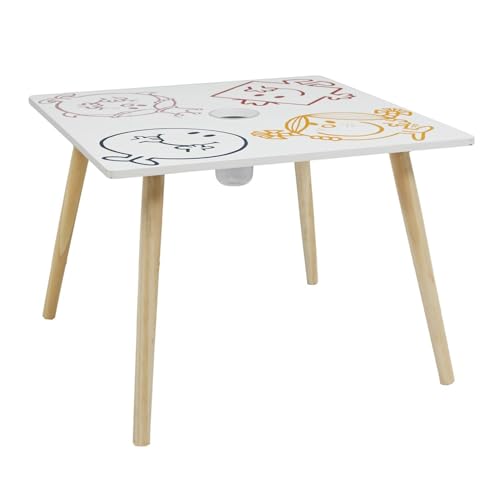 MONSIEUR MADAME - MM3369 Table Enfants avec Pot à Crayon Intégré - MDF et Pin - Dimensions 60 x 60 x 44 cm - Design Multicolore - pour Chambre ou Salon