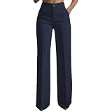 2026 - Pantalones de traje simple de pierna recta de cintura alta para mujer, pantalones clásicos de pierna recta con bolsillos, azul marino, S