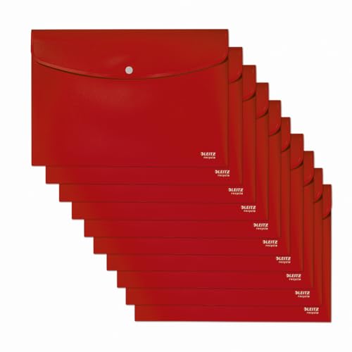 Leitz Recycle Sammelmappe A4, 10er Pack, Für 60 Blatt, Ordner mit Knopfverschluss, 100 % recycelbar, Umweltfreundlich, Recycle Serie, Rot, 46780025