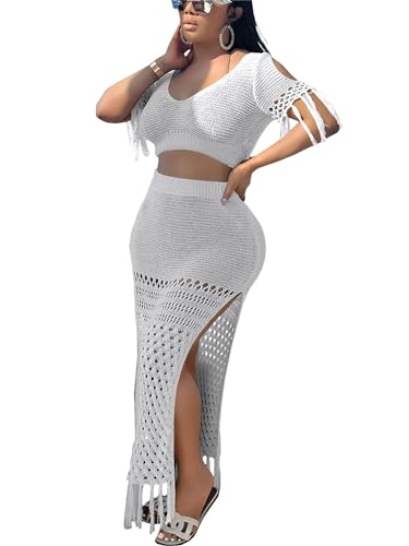 Image of CALEBGAR 2 Piece Outfits for Women Sexy Crochet Tassel Split Midi Dress Summer V Neck Knitted Hollow Crop Tops Y2K Streetwear