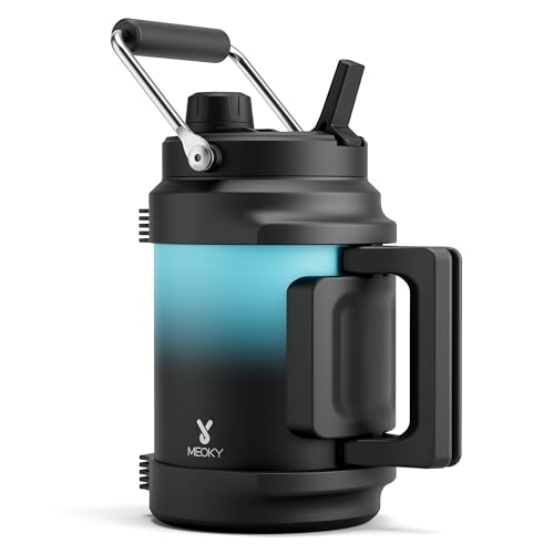 Image of 64 oz Insulated Water Bottle for Gym: Meoky Triple Wall Vacuum Stainless Steel Half Gallon Water Jug - Top and Side Handles, 2-in-1 Straw and Spout Lid, Cold for 36 Hrs, Leak Proof for Camping (Cyan)