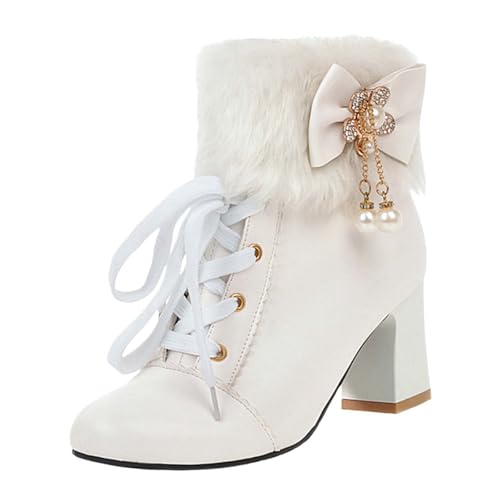 Botas de tobillo para mujer, punta puntiaguda, tacón grueso, con lazo, con lazos, elegantes, con cordones, informales, ligeras, para otoño e invierno, White, 38 EU