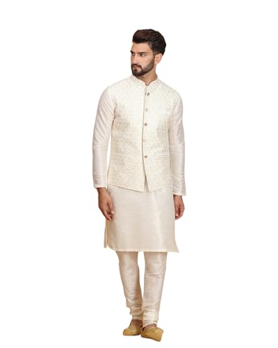 Image of Ethluxis Men Silk Blend Kurta Jacket Set with Mandarin Collar