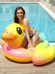 Image of Ride-On Air Inflatable Swimming Ring Float| Children Safety Rider Tube for Kids |Floater Raft Lounger Pool Mattress for Adults with Handles (Age 3+) (Rainbow Duck)