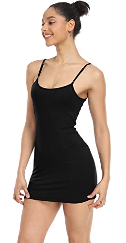 Qaffier Women's Basic Adjustable Spaghetti Strap Cami Slip Mini Dress Black Large #TOP3